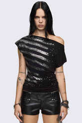 Rhapsophy Graphic Studded Off-Shoulder Top