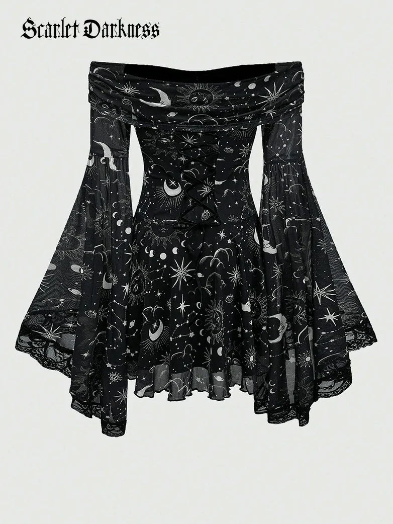 Gothic Whimsical Off Shoulder Bell Sleeve Witch Dress