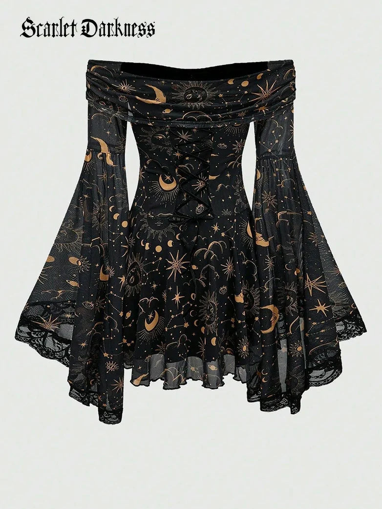 Gothic Whimsical Off Shoulder Bell Sleeve Witch Dress