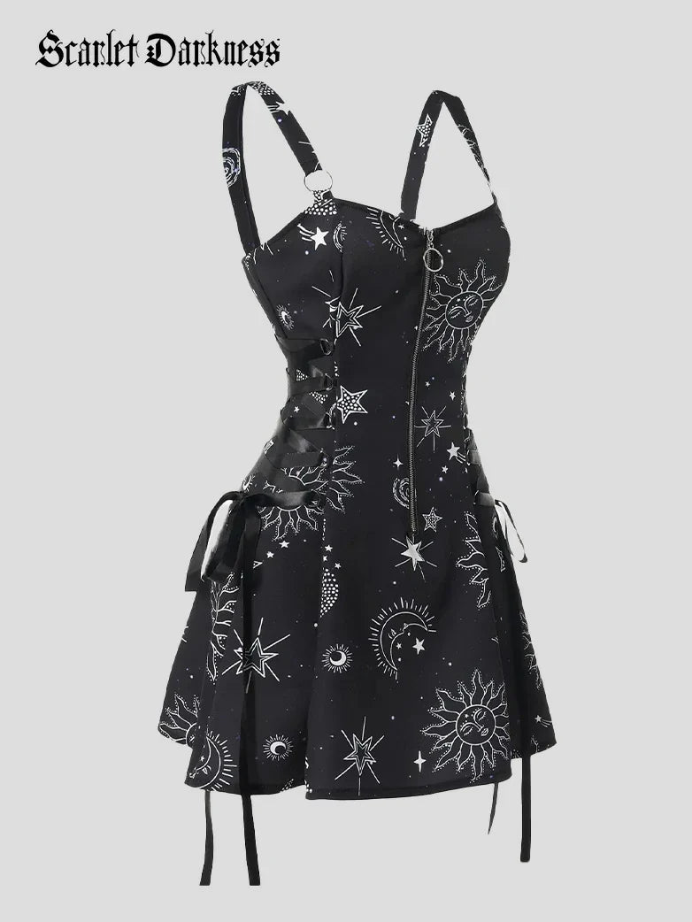 Women's Gothic Print Suspender A-Line Witch Dress