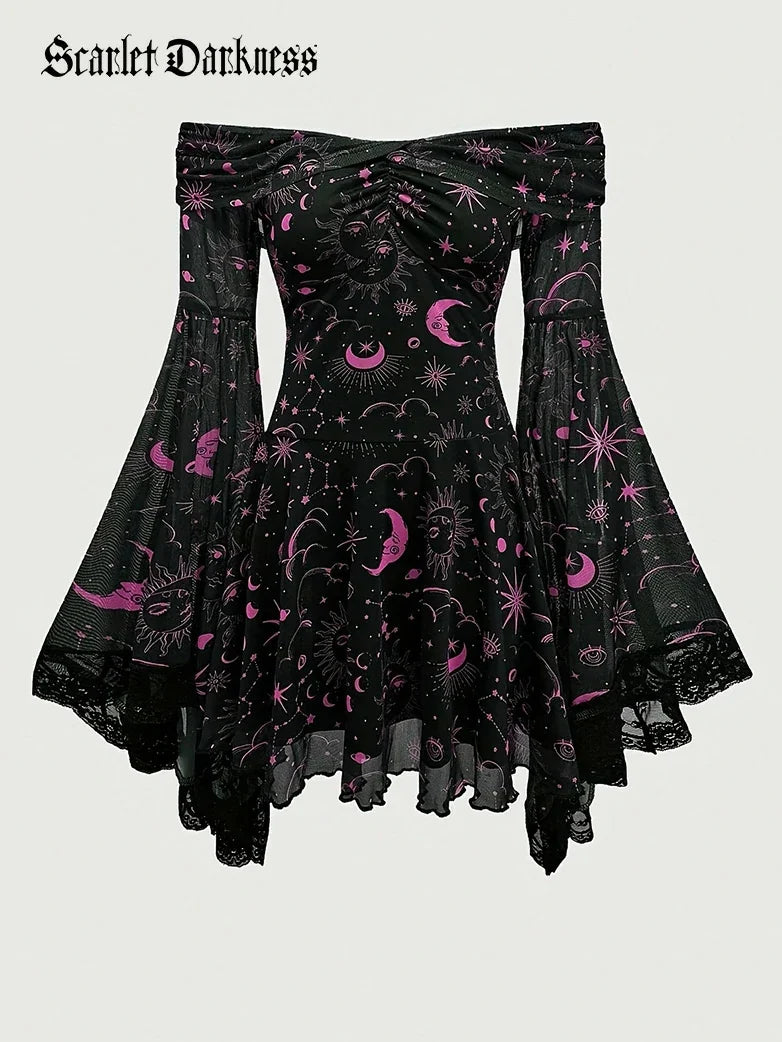 Gothic Whimsical Off Shoulder Bell Sleeve Witch Dress