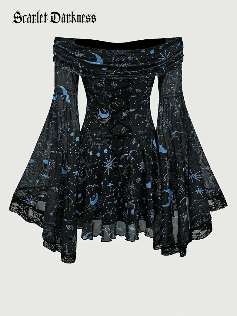 Gothic Whimsical Off Shoulder Bell Sleeve Witch Dress