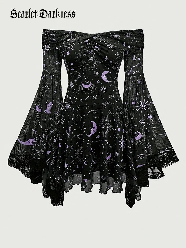Gothic Whimsical Off Shoulder Bell Sleeve Witch Dress