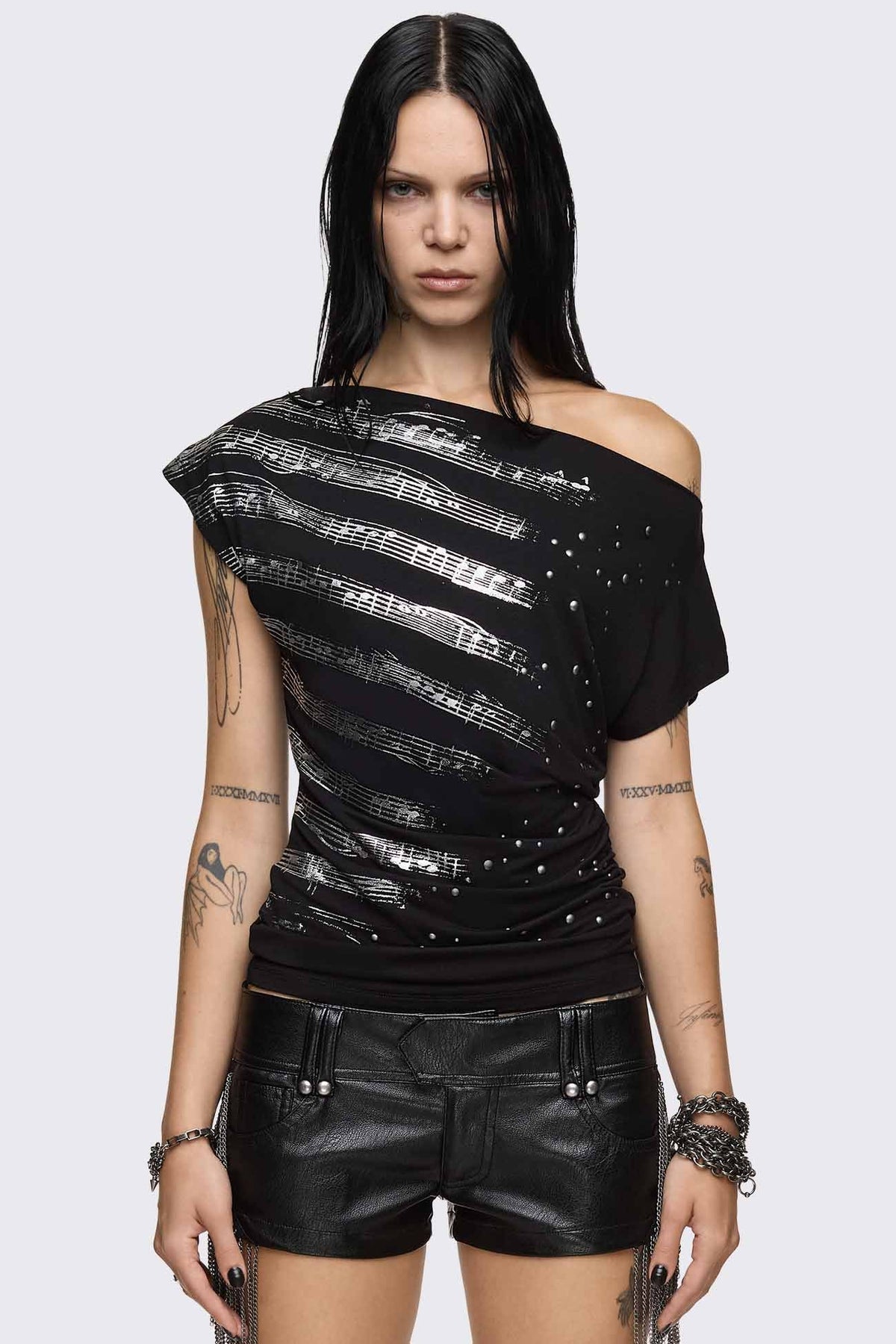Rhapsophy Graphic Studded Off-Shoulder Top