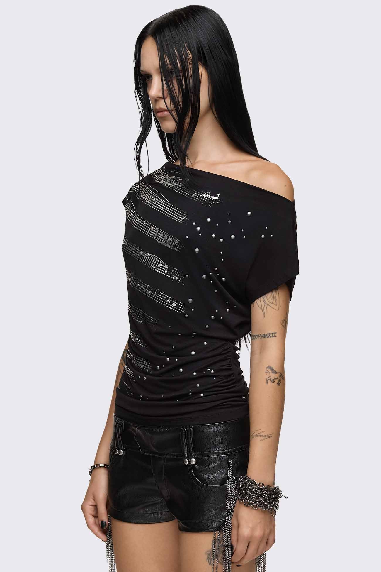 Rhapsophy Graphic Studded Off-Shoulder Top