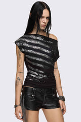 Rhapsophy Graphic Studded Off-Shoulder Top