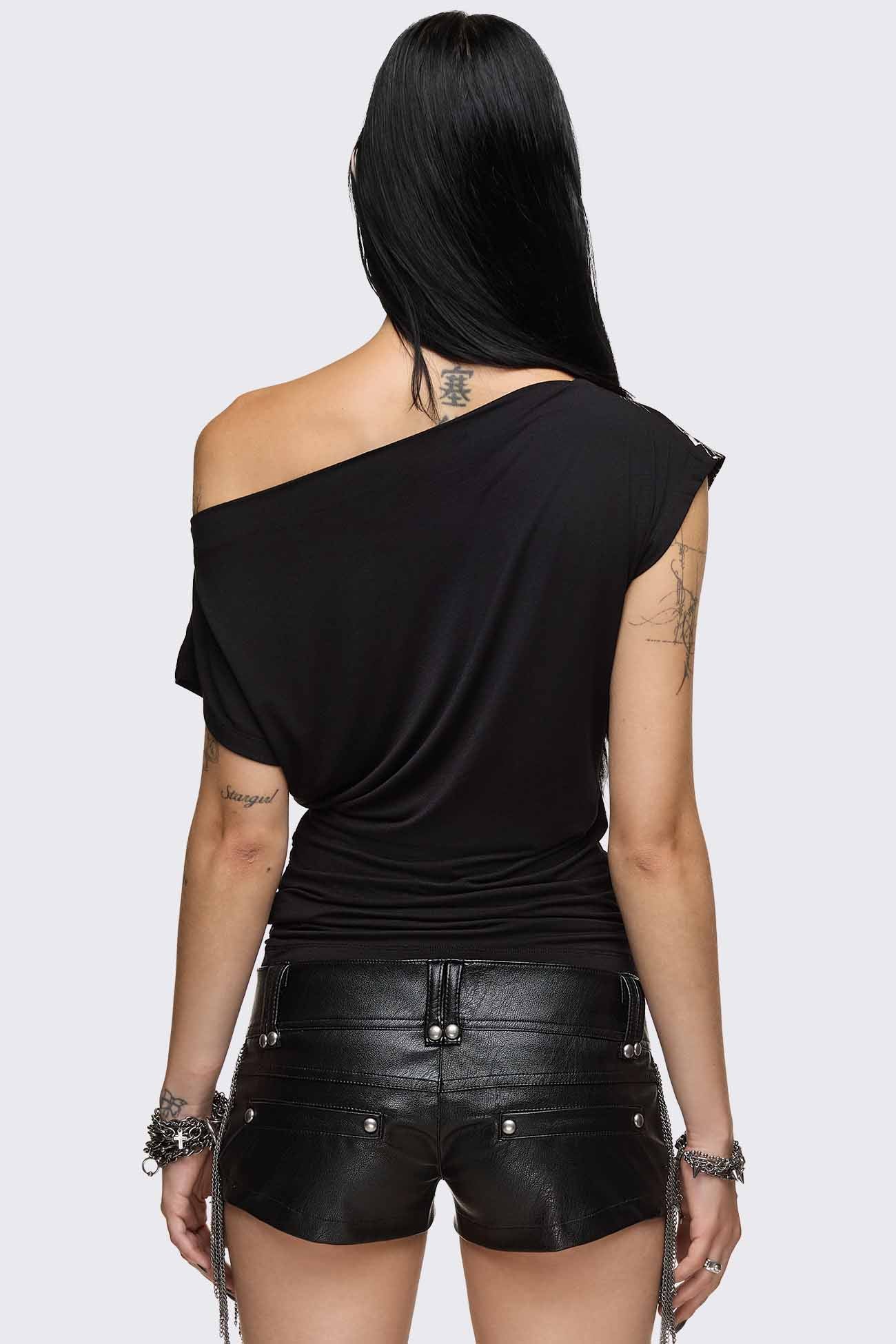 Rhapsophy Graphic Studded Off-Shoulder Top