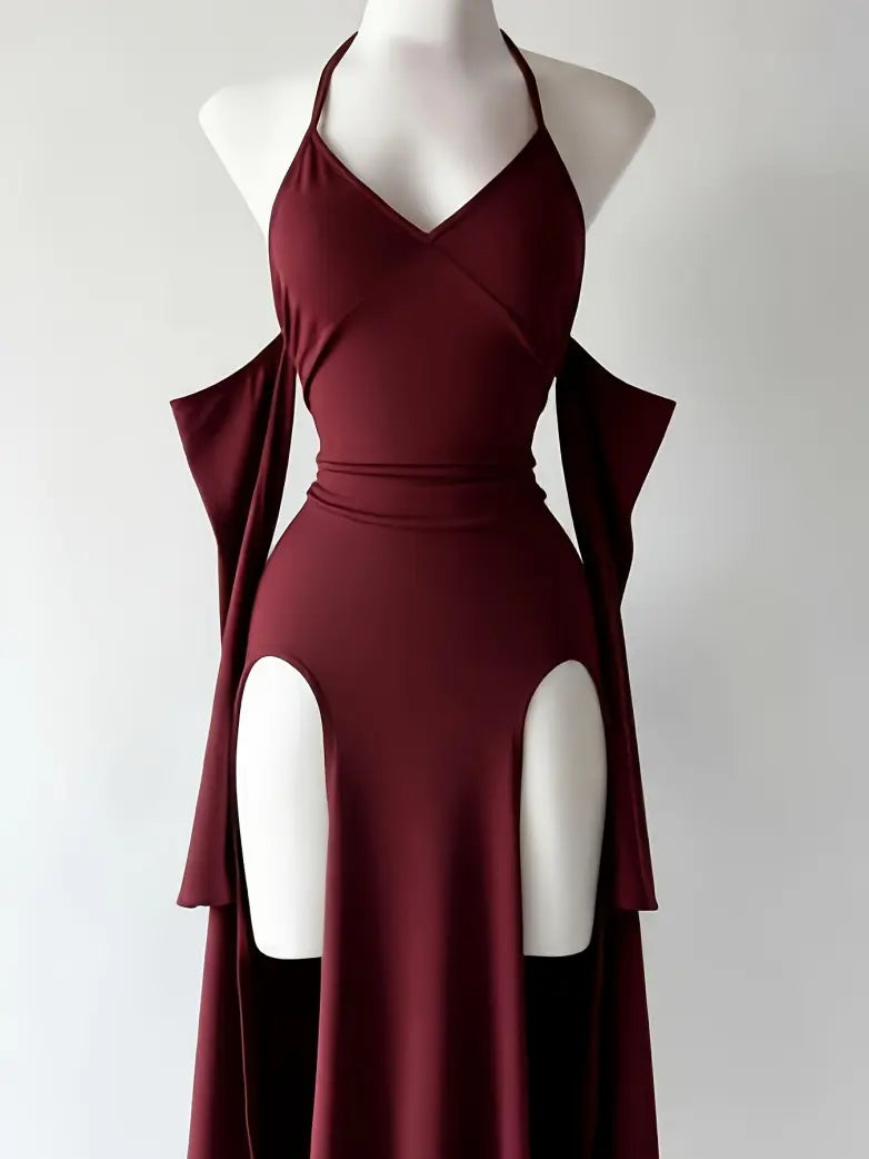 Gothic Vintage Long Sleeve Halter Maxi Dress