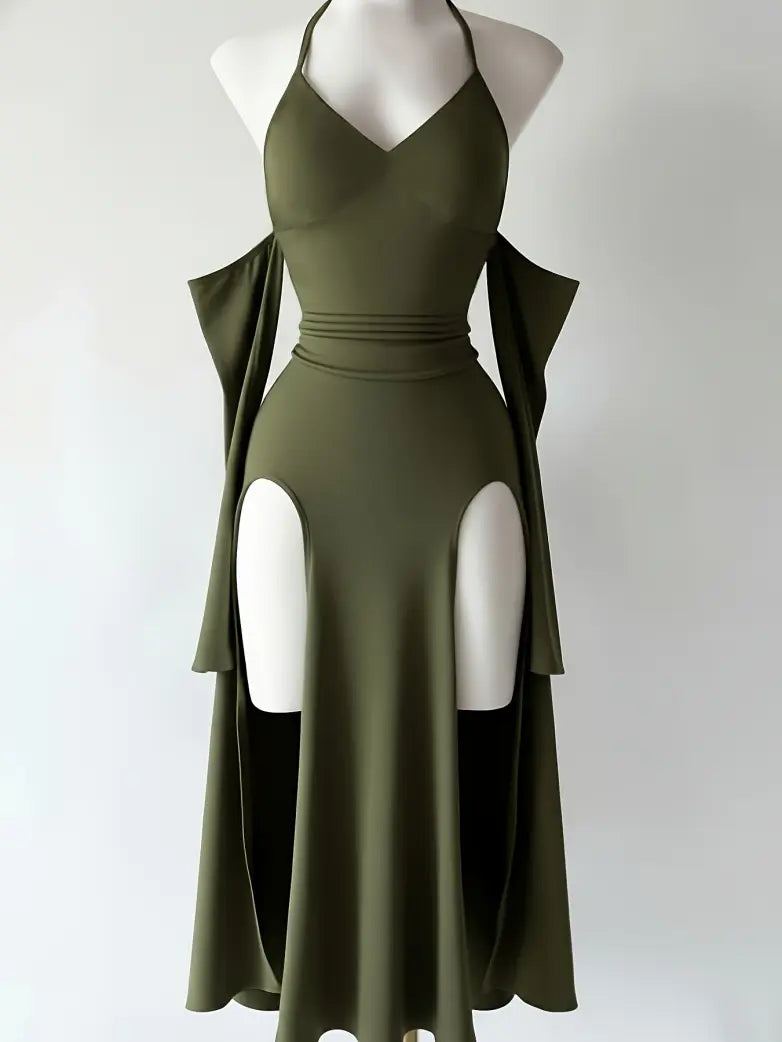 Gothic Vintage Long Sleeve Halter Maxi Dress