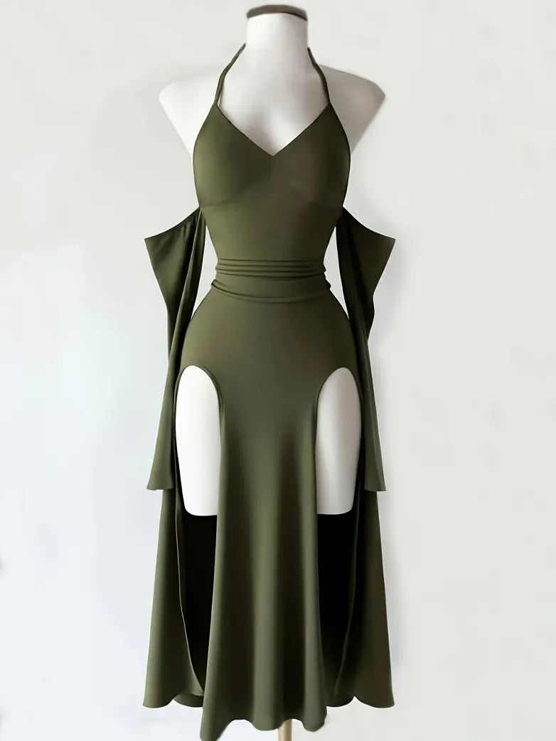 Gothic Vintage Long Sleeve Halter Maxi Dress