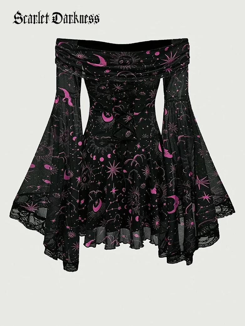 Gothic Whimsical Off Shoulder Bell Sleeve Witch Dress