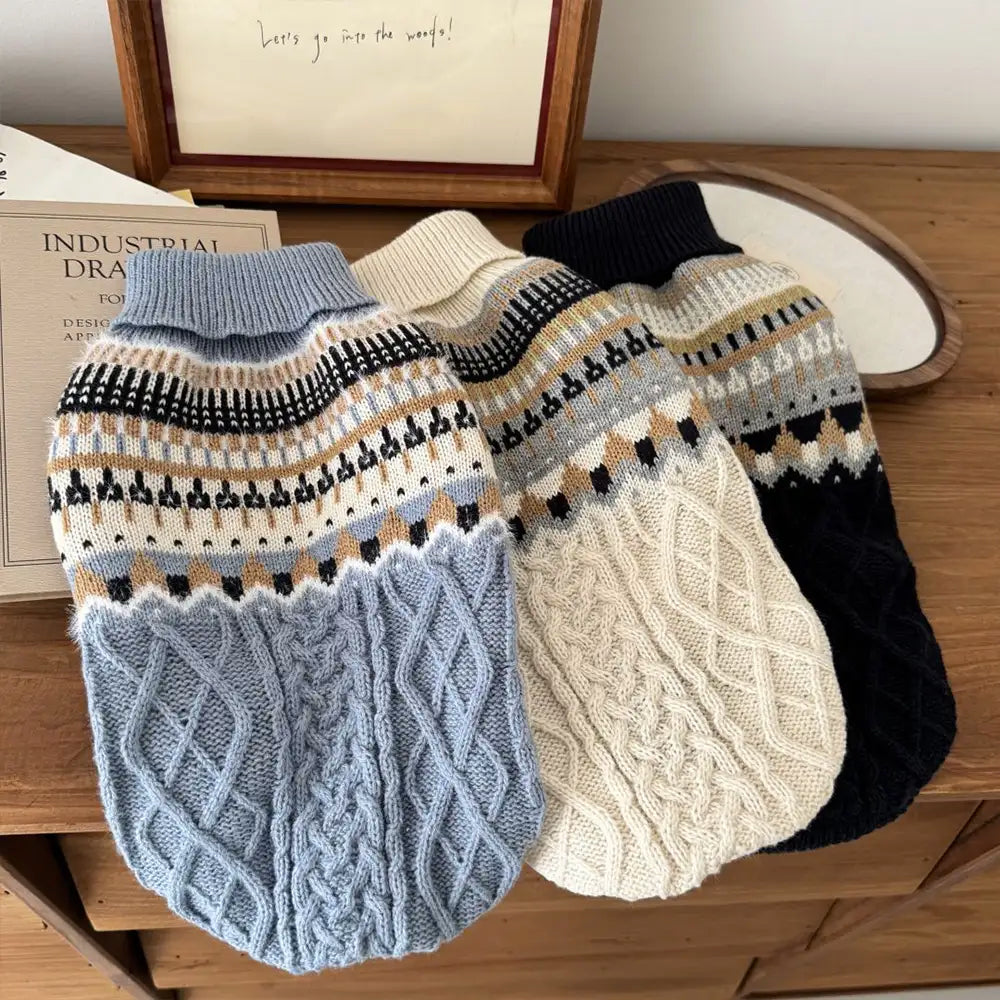 Fair Isle Pattern Knitted Linen Dog Sweater with Classic Collar