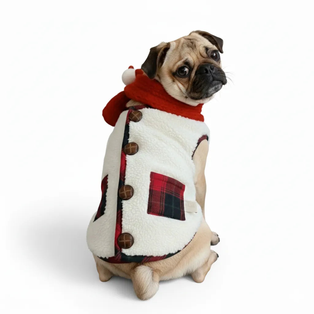 Plaid Winter Dog Jacket with Scarf – Festive and Cozy for the Holidays