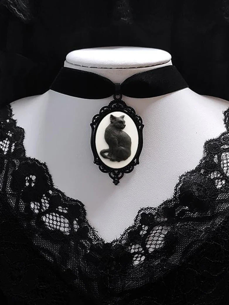 Gothic Witch Cat Pendant Necklace