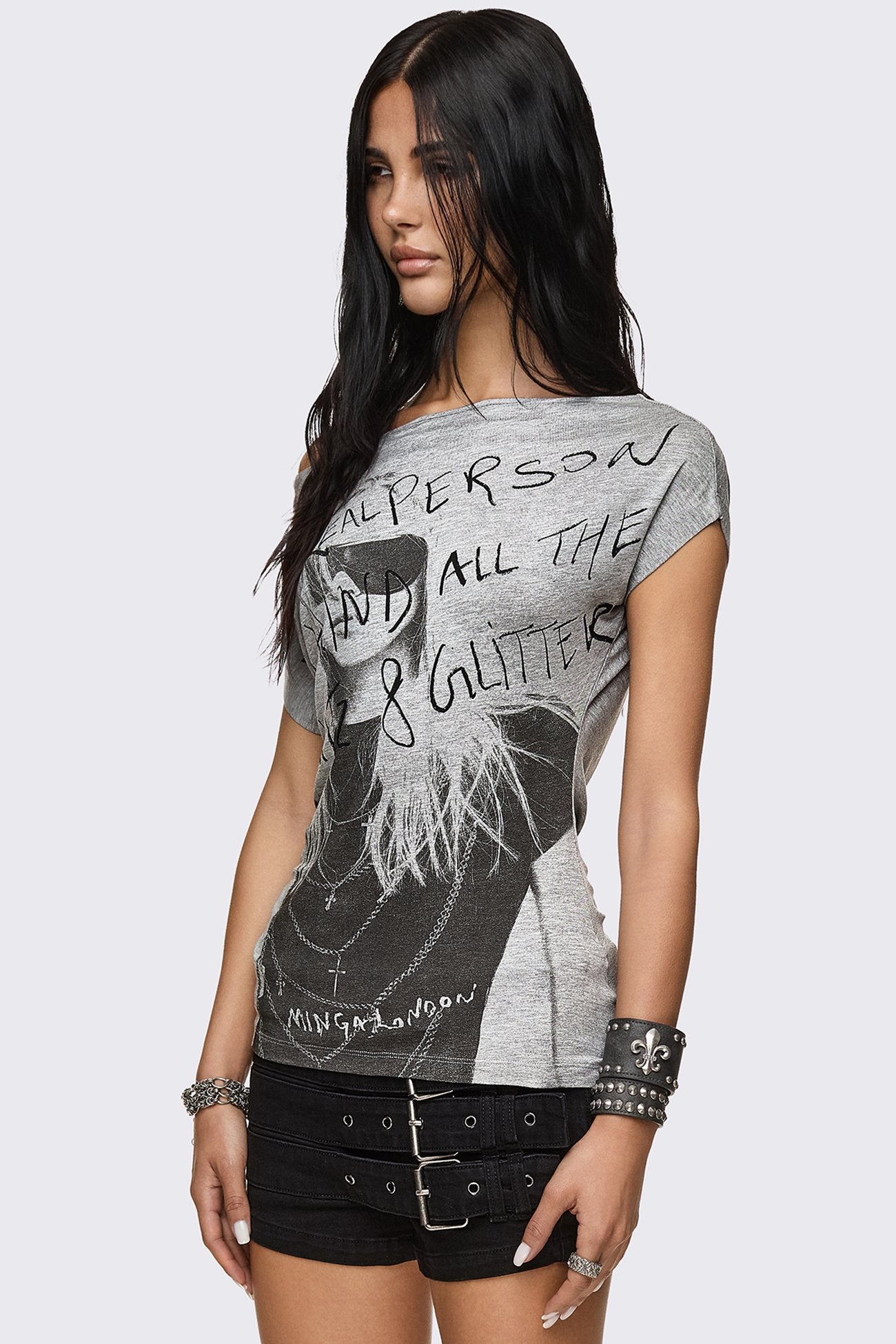 Glitz & Glitter Graphic Off-Shoulder Top