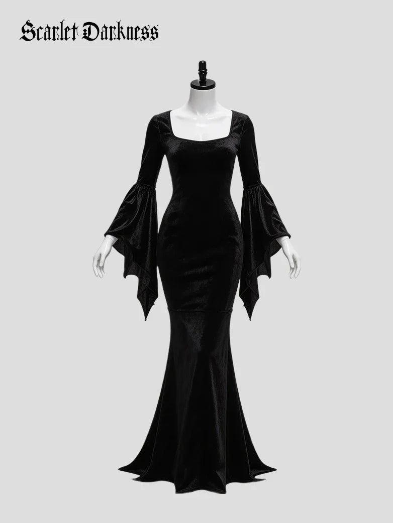 Gothic Velvet Bat Sleeve Mermaid Maxi Dress