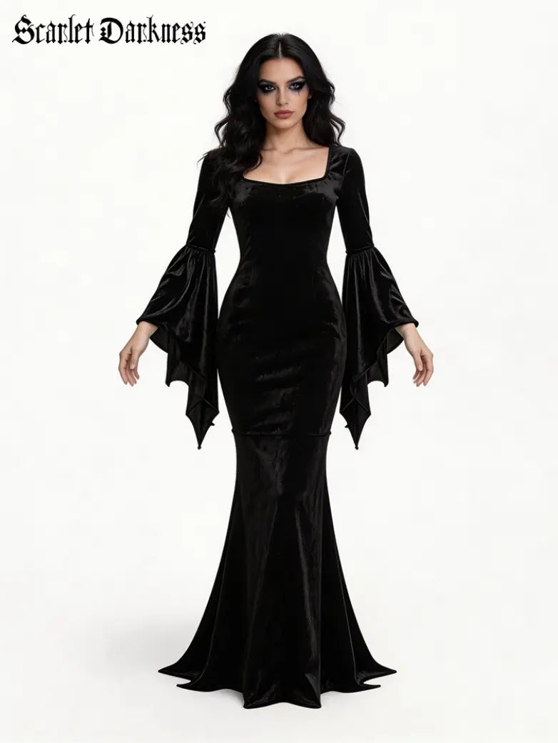 Gothic Velvet Bat Sleeve Mermaid Maxi Dress
