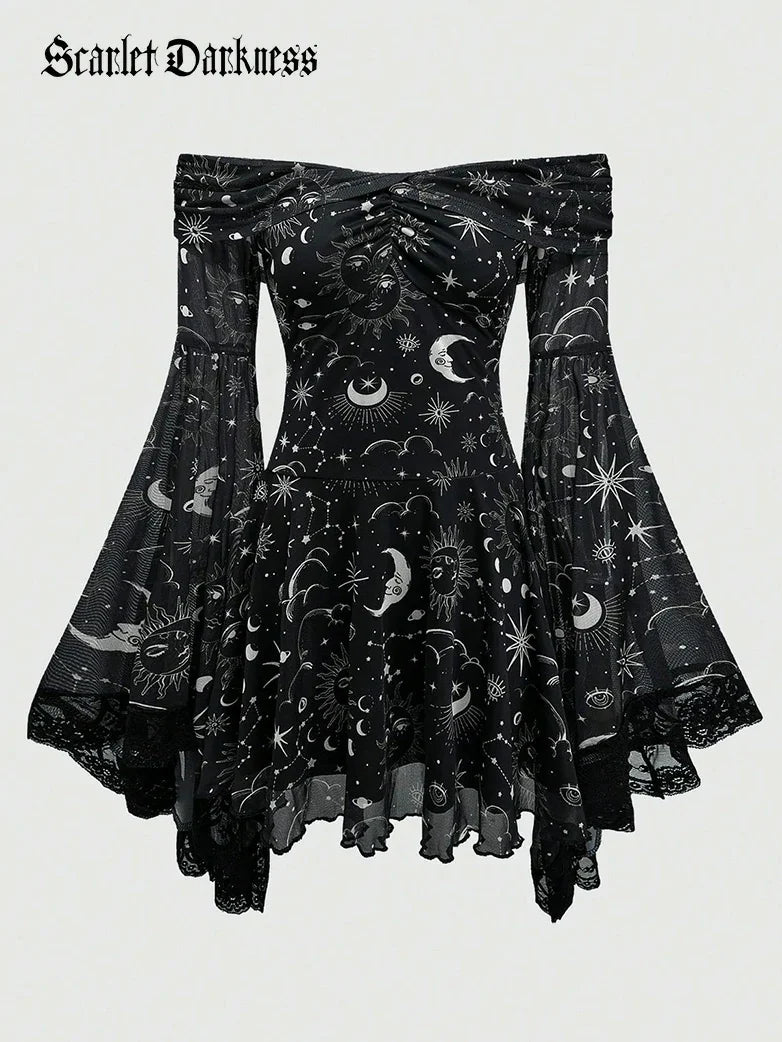 Gothic Whimsical Off Shoulder Bell Sleeve Witch Dress